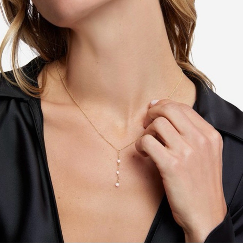 BYCHARI Evelyn Coco Lariat Gold Necklace w/Pearls 16”w 3”Extension 2-5mm Pearls